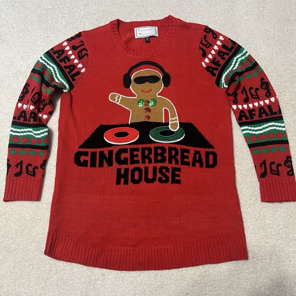 Ugly Christmas Sweater DJ Gingerbread House Sequins Red Holiday Women's 1X Funny
